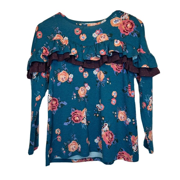 435 by Matilda Jane Top Size 12 Big Girl's Blue Lovely Roses Long Sleeve Ruffle - Picture 1 of 8